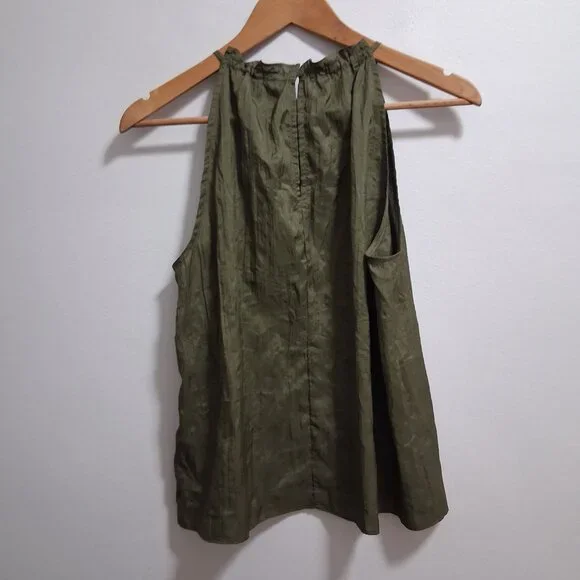 GAP NWT High Neck Ruffle Crinkle Blouse Tank Olive Green Medium - Picture 4 of 9